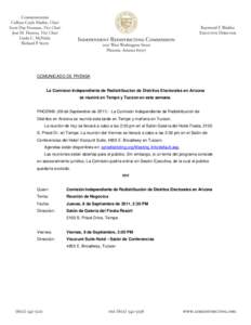 COMUNICADO DE PRENSA  La Comision Independiente de Redistribucion de Distritos Electorales en Arizona se reunirá en Tempe y Tucson en esta semana.  PHOENIX (08 de Septiembre de[removed]La Comisión Independiente de Redi