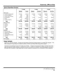 Governor, Office of the Agency Expenditure Summary FY1999 FY2000