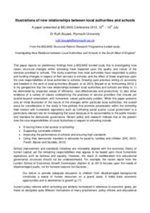 Illustrations of new relationships between local authorities and schools A paper presented at BELMAS Conference 2013, 12 th – 14th July Dr Ruth Boyask, Plymouth University  From the BELMAS Str