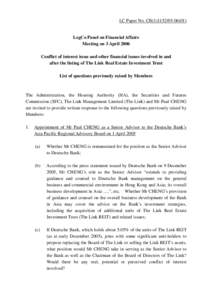 LC Paper No. CB[removed])  LegCo Panel on Financial Affairs Meeting on 3 April 2006 Conflict of interest issue and other financial issues involved in and after the listing of The Link Real Estate Investment Trust