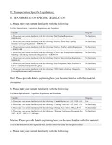 H. Transportation Specific Legislation |  H. TRANSPORTATION SPECIFIC LEGISLATION a. Please rate your current familiarity with the following: For Rail Specialization - Legislation, Regulations, and Procedures Variable