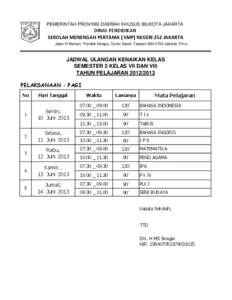 PEMERINTAH PROVINSI DAERAH KHUSUS IBUKOTA JAKARTA  DINAS PENDIDIKAN SEKOLAH MENENGAH PERTAMA ( SMP) NEGERI 252 JAKARTA Jalan H Naman, Pondok Kelapa, Duren Sawit, Telepon[removed]Jakarta Timur