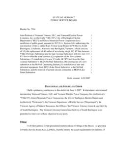 STATE OF VERMONT PUBLIC SERVICE BOARD Docket No[removed]Joint Petition of Vermont Transco, LLC, and Vermont Electric Power Company, Inc. (collectively 