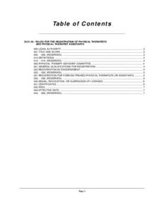 Ta b le o f C o n t e n t s[removed]RULES FOR THE REGISTRATION OF PHYSICAL THERAPISTS AND PHYSICAL THERAPIST ASSISTANTS 000.LEGAL AUTHORITY. ............................................................................