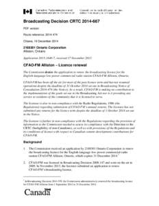 Broadcasting Decision CRTC[removed]PDF version Route reference: [removed]Ottawa, 19 December[removed]Ontario Corporation