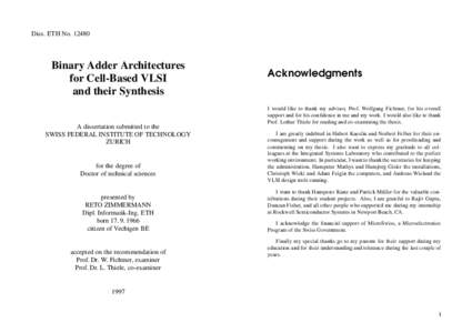 Diss. ETH NoBinary Adder Architectures for Cell-Based VLSI and their Synthesis A dissertation submitted to the