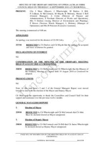 MINUTES OF THE ORDINARY MEETING OF UPPER LACHLAN SHIRE COUNCIL HELD ON THURSDAY 16 SEPTEMBER 2010 AT CROOKWELL. PRESENT: Clrs J Shaw (Mayor), J Wheelwright, M Barlow, S Bill, P Culhane, B McCormack, M Mayoh, B Moloney, M