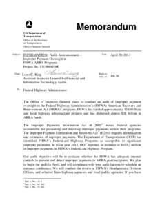 Memorandum U.S. Department of Transportation Office of the Secretary of Transportation Office of Inspector General