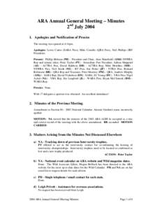 ARA Annual General Meeting – Minutes 2nd July[removed]Apologies and Notification of Proxies The meeting was opened at 4:16pm. Apologies: Lewis Carter (SARA Pres), Mike Costello (QRA Pres), Neil Phillips (IRF President)
