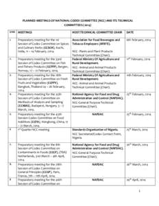 PLANNED MEETINGS OF NATIONAL CODEX COMMITTEE (NCC) AND ITS TECHNICAL COMMITTEESS/NO MEETINGS