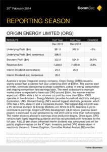 20th FebruaryREPORTING SEASON ORIGIN ENERGY LIMITED (ORG) RESULTS