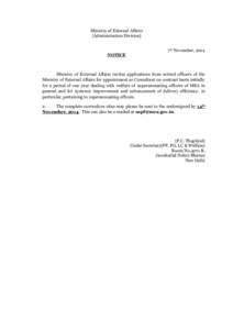 Ministry of External Affairs [Administration Division] NOTICE  7th November, 2014