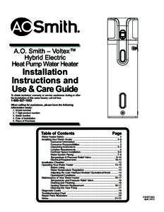 A.O. Smith – Voltex™ Hybrid Electric Heat Pump Water Heater Installation Instructions and