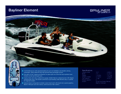Bayliner Element  a Comfortable layout with opposed seating for up to six facilitates conversation among passengers. Deep freeboard and high gunnels keep passengers secure. b Innovative M-hull™ design puts Element on p