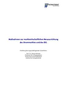 Maßnahmen zur marktwirtschaftlichen Neuausrichtung des Strommarktes und des EEG Erstellung des zugrundeliegenden Gutachtens: Prof. Dr. Georg Erdmann Professor für Energiesysteme