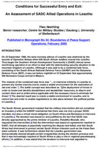 Conditions for Successful Entry and Exit, An Assessment of SADC Allied Operations in Lesotho - Boundaries of Peace Support Operations, The African Dimension - Monograph No 44, 2000