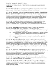 TITLE 10. SKY TRIBE CRIMINAL CODE CHAPTER 20. VIOLATION OF A PROTECTION ORDER AGAINST DOMESTIC VIOLENCE 10 – 20 – 04. Protective Orders Against Domestic Violence. Violation of a protective order against domestic viol