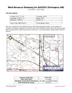 Wind Resource Summary for ALP0101 (Carrington, ND[removed] – [removed]Site Description: Latitude: N 47° 27’ 50” Longitude: W 99° 8’ 11” Elevation: 1,580 feet