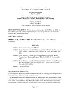 CALIFORNIA OCEAN PROTECTION COUNCIL Staff Recommendation March 11, 2011 STATEWIDE SCIENCE INTEGRATION AND MARINE PROTECTED AREA MONITORING PROGRAMS File No.: [removed]