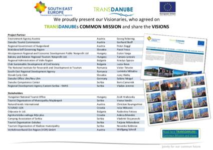 We proudly present our Visionaries, who agreed on TRANSDANUBEs COMMON MISSION and share the VISIONS Project Partner Environment Agency Austria Danube Tourist Commission Regional Government of Burgenland
