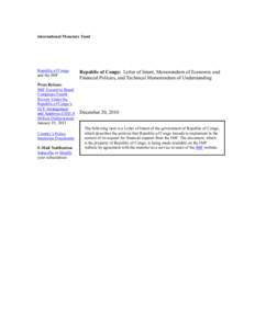 Republic of Congo: Letter of Intent, Memorandum of Economic and Financial Policies, and Technical Memorandum of Understanding; December 20, 2010