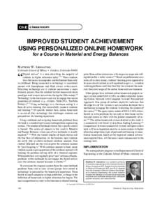 ChE classroom  IMPROVED STUDENT ACHIEVEMENT USING PERSONALIZED ONLINE HOMEWORK GPSB$PVSTFJO.BUFSJBMBOE&OFSHZ#BMBODFT