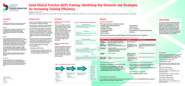 Good Clinical Practice (GCP) Training: Identifying Key Elements and Strategies for Increasing Training Efficiency Presenter: Jonathan Seltzer Authors: CTTI-GCP Training Working Group: Jamie Arango1, Tina Chuck2, Susan El