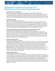 Appropriations Priorities for Fiscal Year 2014 Building Strong Communities, Strong Economies Critical Resources for our Communities Support the Senate’s Responsible Transportation, Housing and Urban Development Spendin