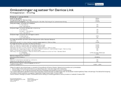 Omkostninger og satser for Danica Link fi rma pen sio n – fri vil lig Priser pr. 1. januar 2015 Fast årligt gebyr Årlig betaling for Danica Valg Administrationsgebyr ved udbetaling før tid eller flytning af en pensi