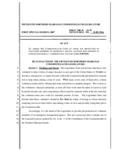 FIFTEENTH NORTHERN MARIANAS COMMONWEALTH LEGISLATURE PUBLIC LBW NO[removed]FIRST SPECIAL SESSION, 2007  SENATE BILL NO.