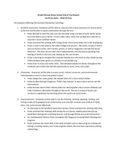 Grade Primary Home School End of Year Report for Krista Jones[removed]Year Our program reflecting the Essential Graduation Learnings: 1. Aesthetic Expression: Graduates will be able to respond with critical awareness t