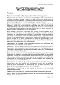 Version	
  du	
  27	
  novembre	
  2014	
  (Rev.1)	
    PROJET D’ACCORD POUR LA PAIX ET LA RECONCILIATION AU MALI Préambule Nous, Gouvernement de la République du Mali et Mouvements signataires… ;