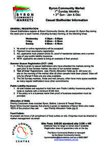 Byron Community Market 1st Sunday Monthly + 3rd Sun - Jan & Dec Casual Stallholder Information GENERAL REGISTRATION: Casual Stallholders register at Byron Community Centre, 69 Jonson St, Byron Bay during