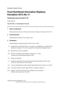 Australian Capital Territory   Food (Nutritional Information Displays) Exemption[removed]No 1)* Disallowable instrument DI2012-192