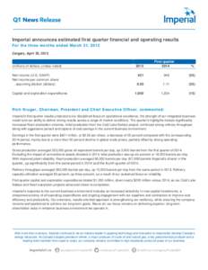 Imperial announces estimated first quarter financial and operating results For the three months ended March 31, 2015 Calgary, April 30, 2015 (millions of dollars, unless noted) Net income (U.S. GAAP)
