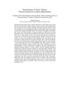 Geochemistry of Venus’ Surface: Current Limitations as Future Opportunities. A chapter in the AGU Chapman Conference Book, entitled 