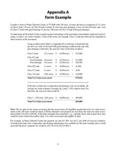 Appendix A Farm Example Consider a farm in Prince Edward County in TY2008 with 349 acres. Assume the farm is comprised of 113 acres of Class I land, 130 aces of Class II land of which 82 acres has poor drainage, 5 acres 