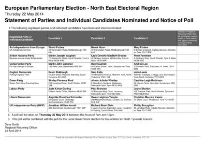 European Parliamentary Election - North East Electoral Region Thursday 22 May 2014 Statement of Parties and Individual Candidates Nominated and Notice of Poll 1. The following registered parties and individual candidates