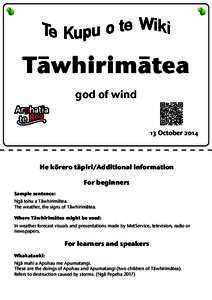 Täwhirimätea god of wind 13 OctoberHe körero täpiri/Additional information