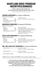 MARYLAND BRED PROGRAM INCENTIVES/BONUSES Paid to registered Maryland-breds at Maryland tracks (valid through December[removed]Reviewed by Maryland Racing Commision semi-annually