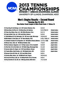 Men’s Singles Results – Second Round Thursday, May 23, 2013 Khan Outdoor Tennis Complex at Atkins Tennis Center // Urbana, Ill. #13 Evan King (9-16), Michigan def. #67 Cameron Silverman, Elon
