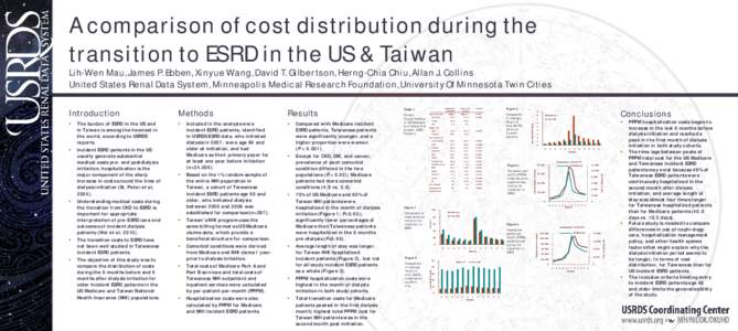 A comparison of cost distribution during the transition to ESRD in the US & Taiwan Lih-Wen Mau, James P. Ebben, Xinyue Wang, David T. Gilbertson, Herng-Chia Chiu, Allan J. Collins United States Renal Data System, Minneap