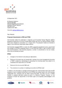 28 September 2010 Mr Warwick Anderson General Manager Network Regulation North Branch Australian Energy Regulator GPO Box 3131