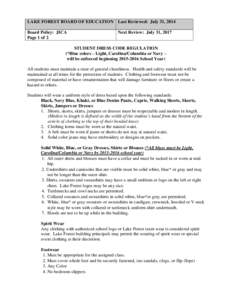 LAKE FOREST BOARD OF EDUCATION  Last Reviewed: July 31, 2014 Board Policy: JICA Page 1 of 2