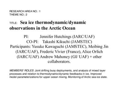 RESEARCH AREA NO.: 1
 THEME NO.: 2 Sea ice thermodynamic/dynamic observations in the Arctic Ocean TITLE: