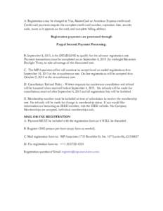 A. Registrations may be charged to Visa, MasterCard or American Express credit card. Credit card payments require the complete credit card number, expiration date, security code, name as it appears on the card, and compl