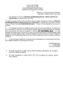 No[removed]PESB Government of India Public Enterprises Selection Board (Department of Personnel & Training) *** Block No. 14, CGO Complex, PE Bhavan