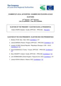 CHAMBER OF LOCAL AUTHORITIES / CHAMBRE DES POUVOIRS LOCAUX ELECTIONS 27rd Session / 27ème Session List of candidates / Liste des candidats  ELECTION OF THE PRESIDENT / ELECTION DU/DE LA PRESIDENT(E)