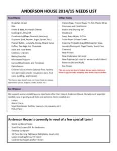ANDERSON HOUSE[removed]NEEDS LIST Food Items Other Items  