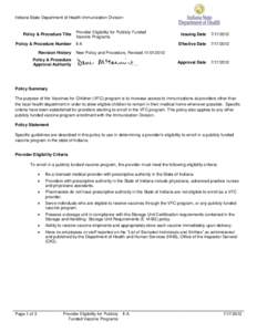 Indiana State Department of Health-Immunization Division  Policy & Procedure Title Policy & Procedure Number Revision History